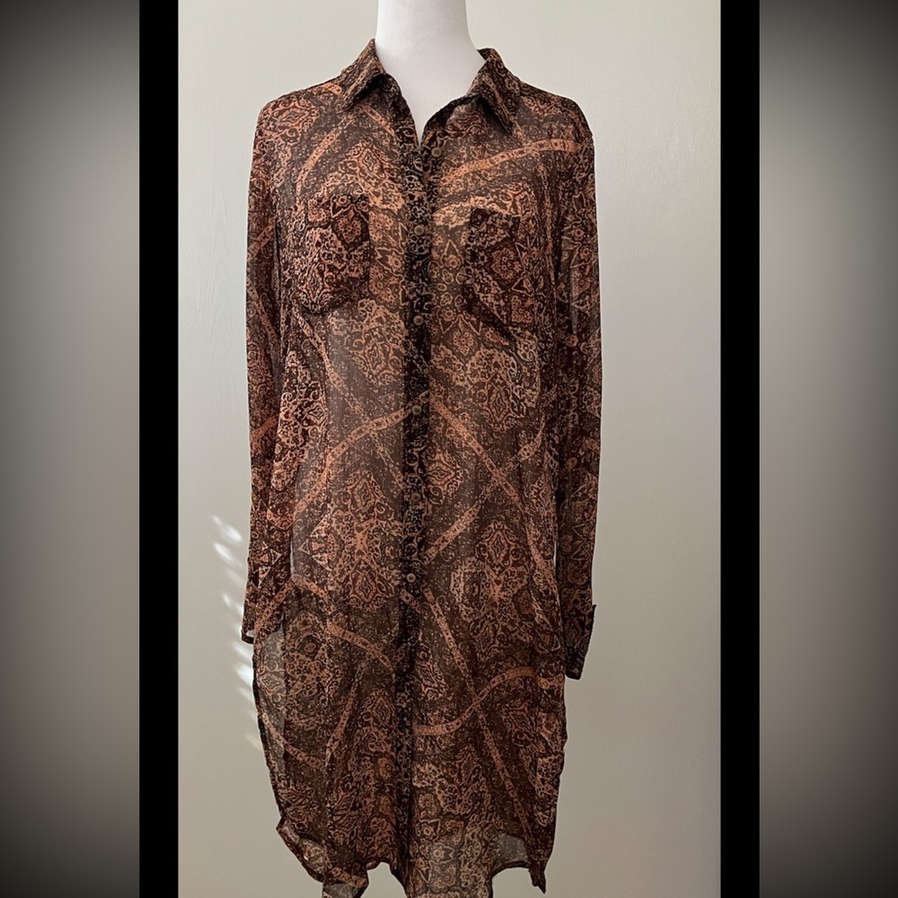 Democracy Boho Sheer Long Shirt Dress Button Front Medium Beautiful Fall Tones